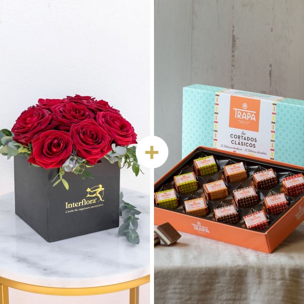 Caja de flores Te Amo  y caja de chocolate Trapa