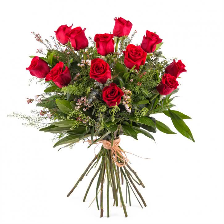 Ramo Amor, 12 Rosas Rojas de Tallo Largo