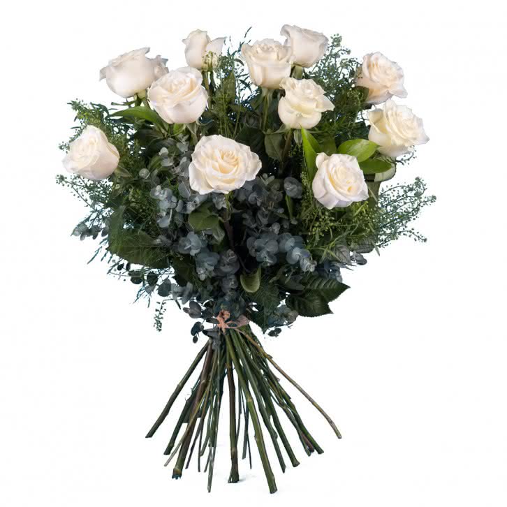 Emoción, 12 Rosas Blancas de Tallo Largo