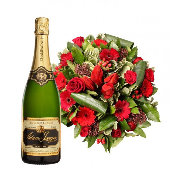 RED BOUQUET WITH A BOTTLE OF SPARKLES, RED BOUQUET WITH A BOTTLE OF SPARKLES
