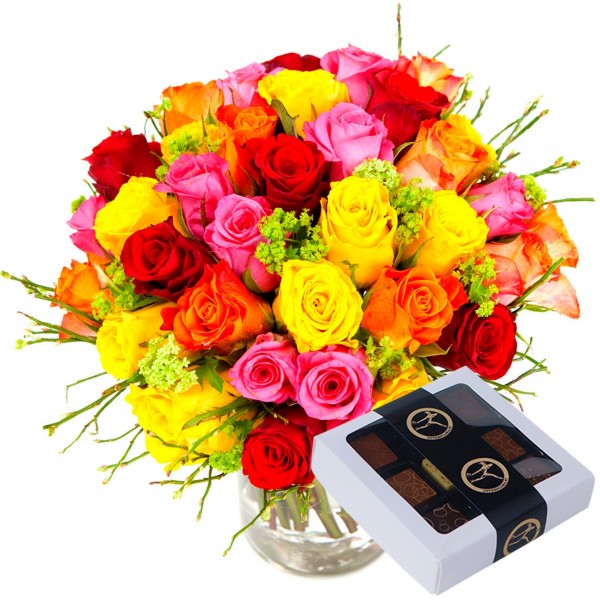 Colorful bouquet of short roses + Chocolate 100g, Colorful bouquet of short roses + Chocolate 100g