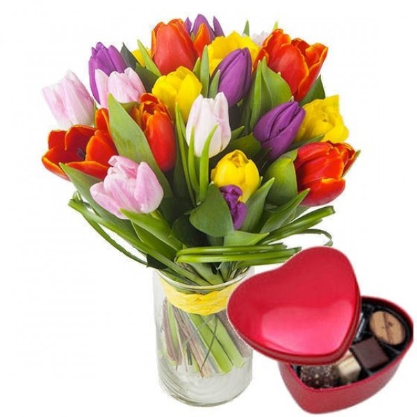 Colourful Bouquet of Tulips + Chocolate heart, Colourful Bouquet of Tulips + Chocolate heart