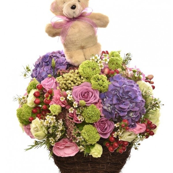 Arrangement of cut flowers with Teddy Bear, Arrangement of cut flowers with Teddy Bear