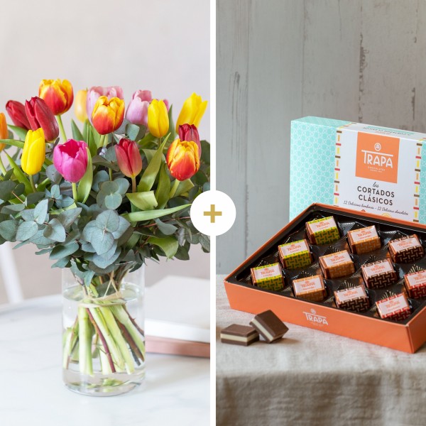 Pack: Tulipanes + Chocolate, Ramo multicolor de tulipanes + Chocolate