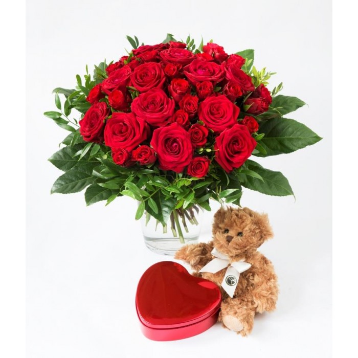 Rose Bouquet with Heart Shaped Chocolate Box and a Teddy Bea, Rose Bouquet with Heart Shaped Chocolate Box and a Teddy Bea