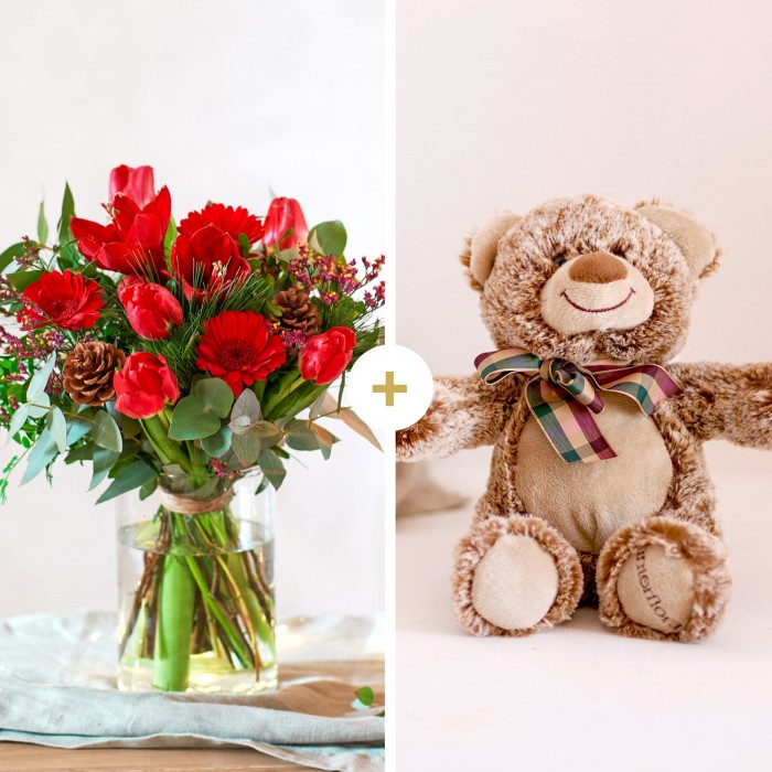 PACK: Chimenea Magic + Oso, Ramo de flores mezcladas en tonos rojos + oso